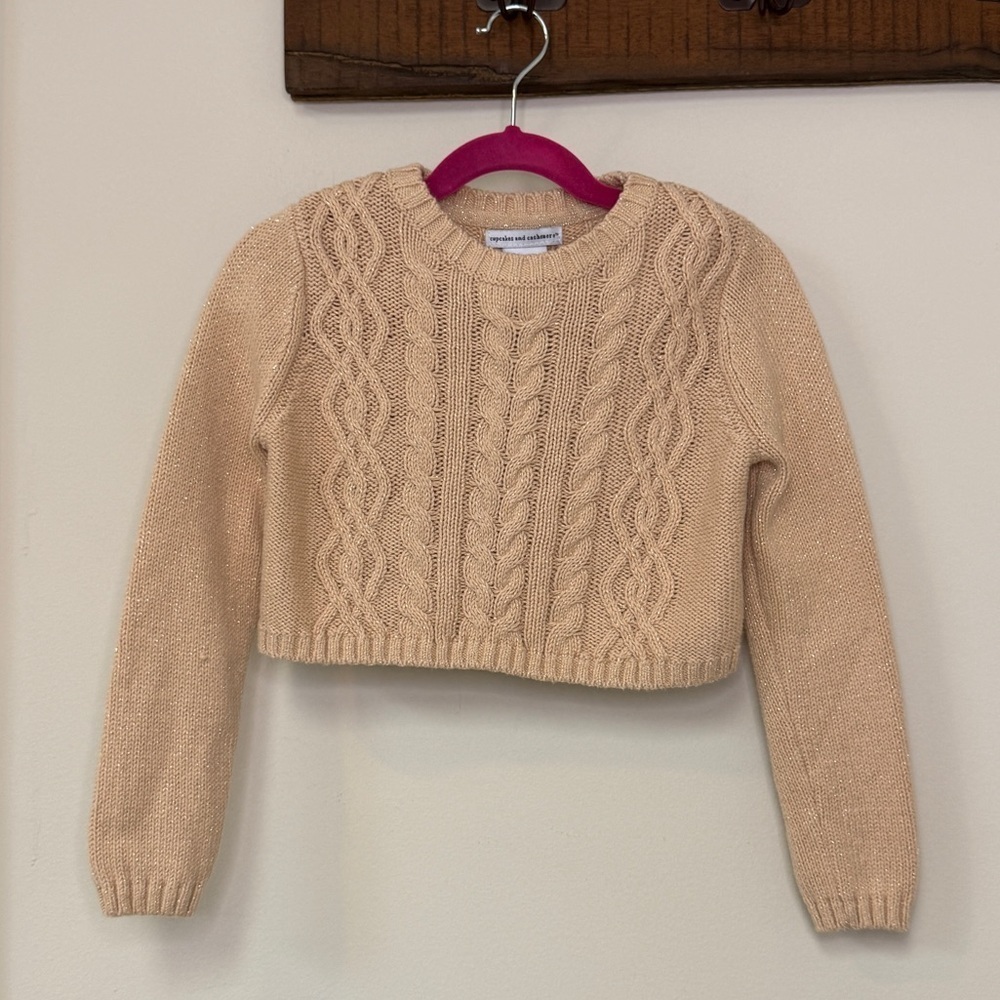 Cupcakes&Cashmere: Girls Tan/Gold Cable Knit Crop Sweater, Size S(5/6)